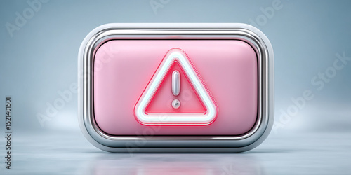 Warning alert icon with glowing neon triangle and exclamation mark on pink button, modern digital concept