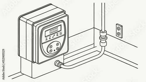 Isometric illustration of a control panel with a display and buttons connected to a pipe system on a wall