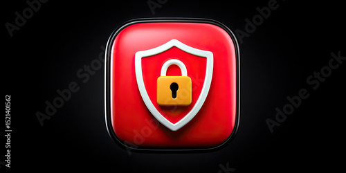 Security icon with shield and lock symbol in red and yellow colors on black background, representing protection and alert