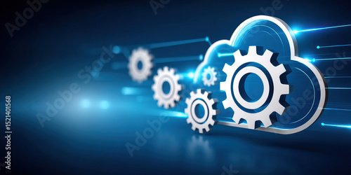 Cloud gear icon with digital network connection concept showing technology and innovation in blue background