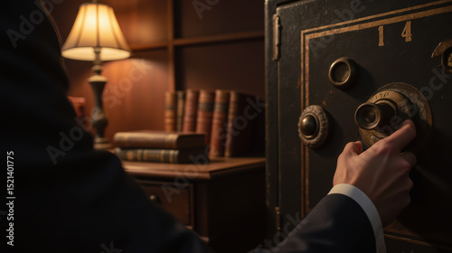 Person is interacting with vintage safe in dimly lit room, surrounded by books and lamp, creating mysterious atmosphere