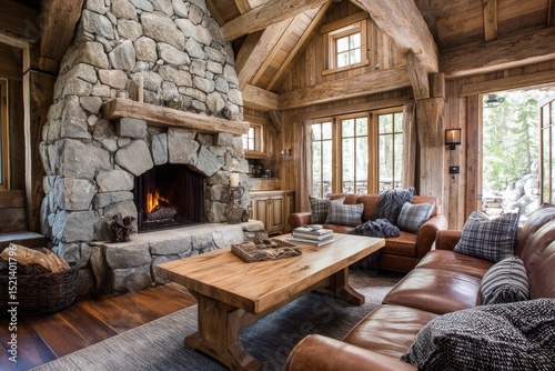 Cozy mountain cabin with a stone fireplace and wooden furnishings.