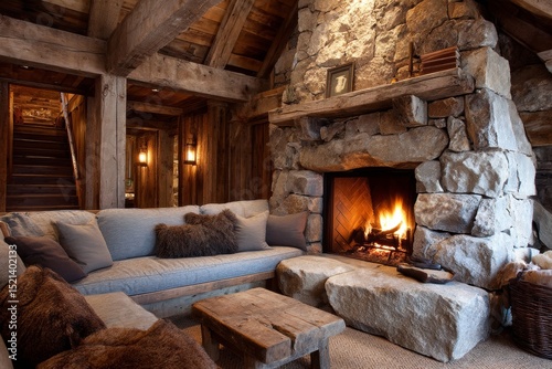 Cozy mountain cabin with a stone fireplace and wooden furnishings.