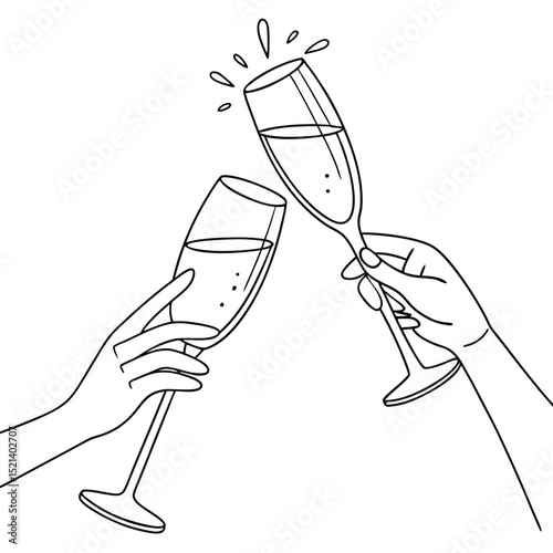 Two hands clinking champagne flutes celebrating special occasion monochrome outline