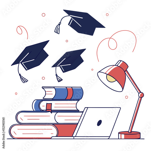 Illustration of graduation caps above a stack of books next to a laptop and a desk lamp on white