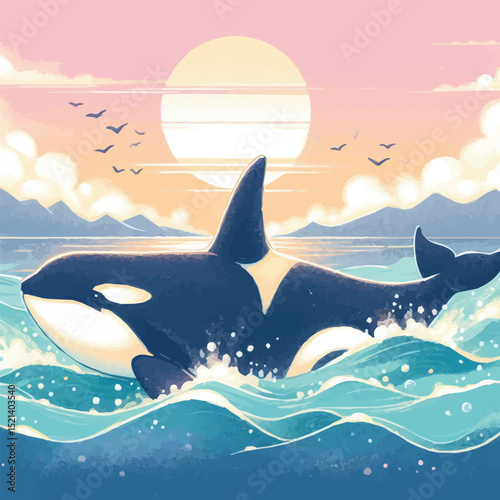 Orca whale swims in pastel ocean at sunrise, black-white markings with stylized waves and sun.
