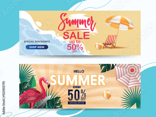 Vibrant summer sale banners showcasing beach elements with flamingo and discount offers