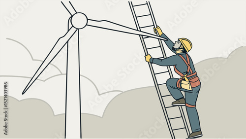 A worker climbing a ladder towards a wind turbine for maintenance and renewable energy generation task at height