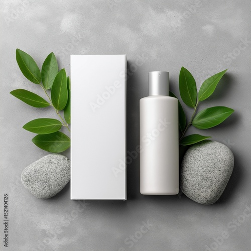 A clean, top-down mockup of a white cosmetic bottle and a blank white box, surrounded by green leaves and grey stones on a textured surface