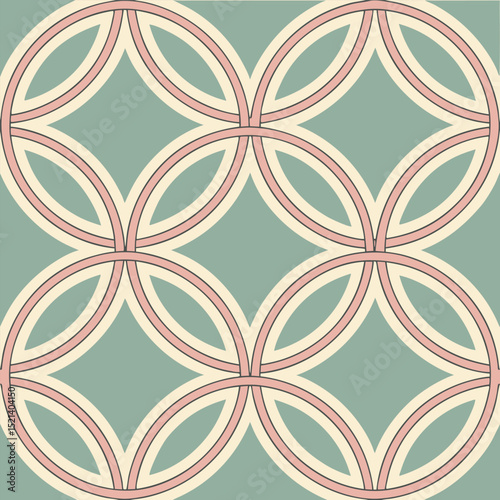 Repeating pattern of interlocking circles with pink and beige outlines on a teal background design