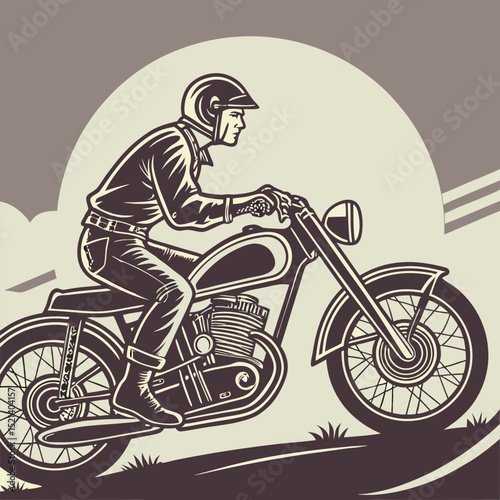 Vintage style illustration of a biker riding a classic motorcycle with sunset background