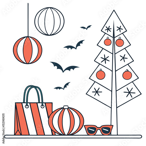 Illustration of a christmas tree with ornaments, bats, balls, bag and sunglasses on a shelf design