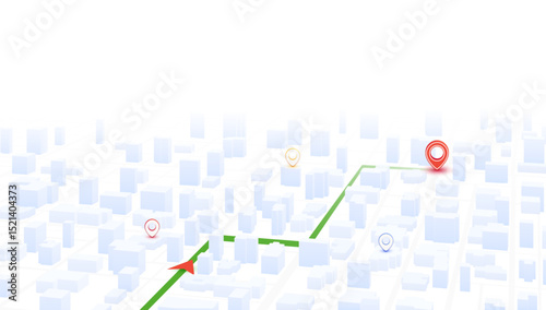 GPS navigation. Delivery route planning, navigation plan between multiple POI. Isometric city scape navigation on detailed map with 3D buildings. Red GPS map marker. Vector illustration
