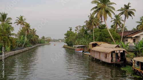 Houseboat Cruises Along Canals In Alleppey, Aerial View, Kerala, India. Houseboats in backwaters Alleppey. Travel, Vacation concept