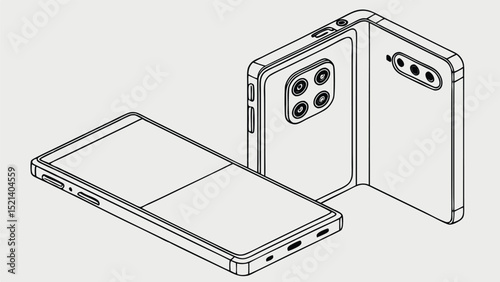 Isometric view of a foldable smartphone with multiple cameras and a sleek modern design aesthetic look