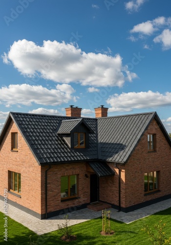 Wallpaper Mural Brick House Under a Bright Blue Sky - A charming brick house with a dark grey roof, nestled in a lush green lawn under a vibrant blue sky with fluffy white clouds. It symbolizes comfort Torontodigital.ca