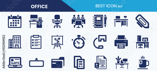Best Office Icon Set Collection. Calendar, Call, Timer, Folder, Laptop, Desk Plant, Contract, File and Vector Illustrations.