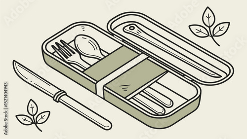 Illustration of a cutlery set in a box with a knife and leaves on a light background style drawing tool