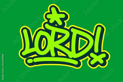 Graffiti tag of “Lord” in green with black and yellow outline on green background. Bold, vibrant street art style, perfect for urban culture, hip hop visuals, and graffiti branding.