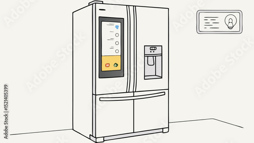 Illustration of a smart refrigerator with a screen and a water dispenser in a kitchen setting