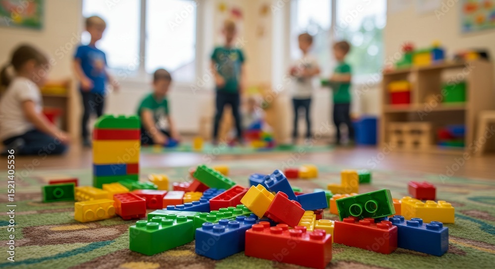 Naklejka premium Colorful Blocks in Preschool Classroom - A vibrant of colorful building blocks scattered on a classroom floor, with blurred children playing in the background