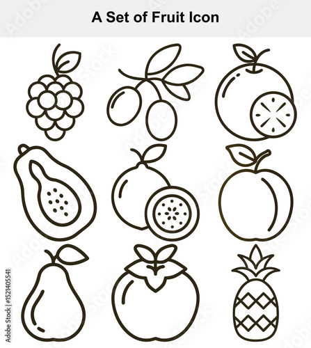 Nine line art fruit icons set graphic