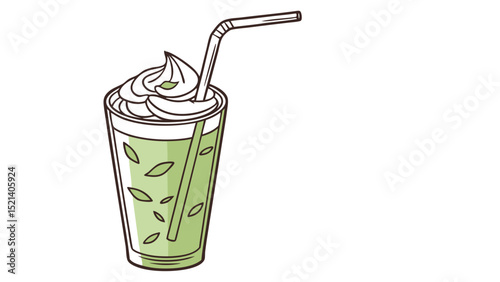Illustration of a green matcha latte with whipped cream and a straw in a clear plastic cup design