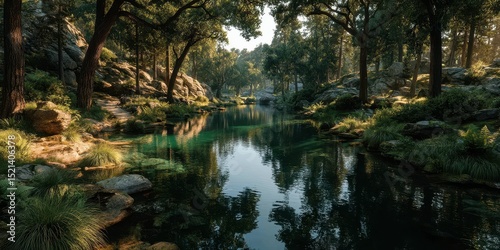 Serene forest landscape with a calm river surrounded by lush greenery during golden hour light