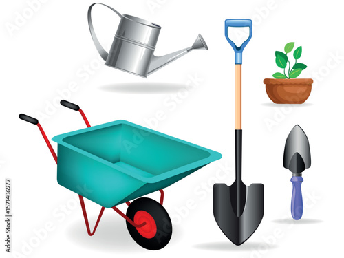 Colorful vector illustration of gardening tools including watering can wheelbarrow shovel and plant
