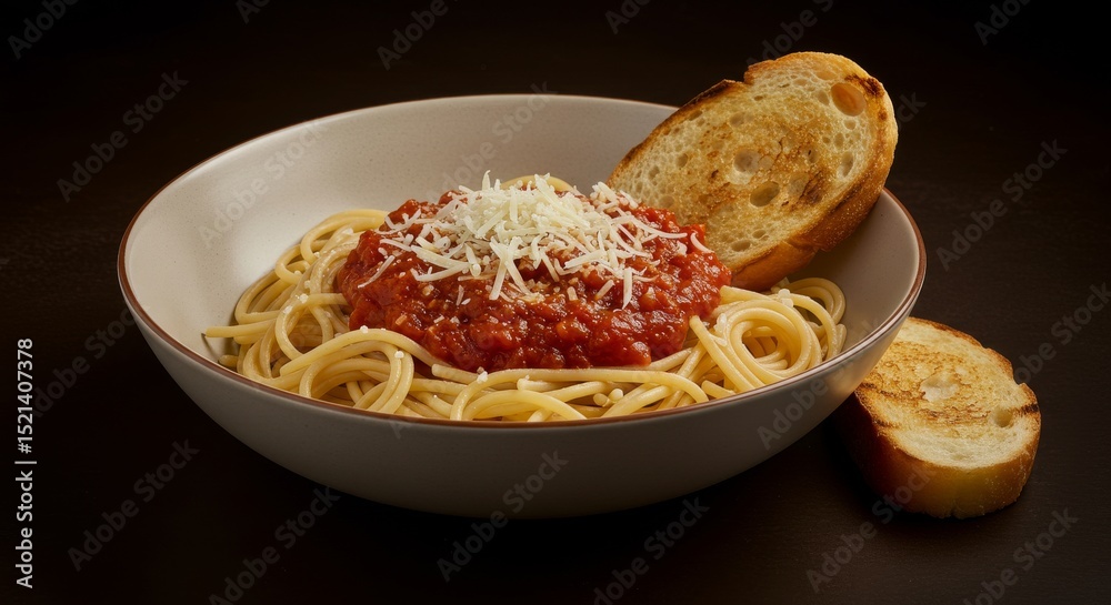 Fototapeta premium Delicious Spaghetti with Marinara Sauce and Toasted Bread - A delectable plate of spaghetti topped with rich marinara sauce, sprinkled with parmesan cheese