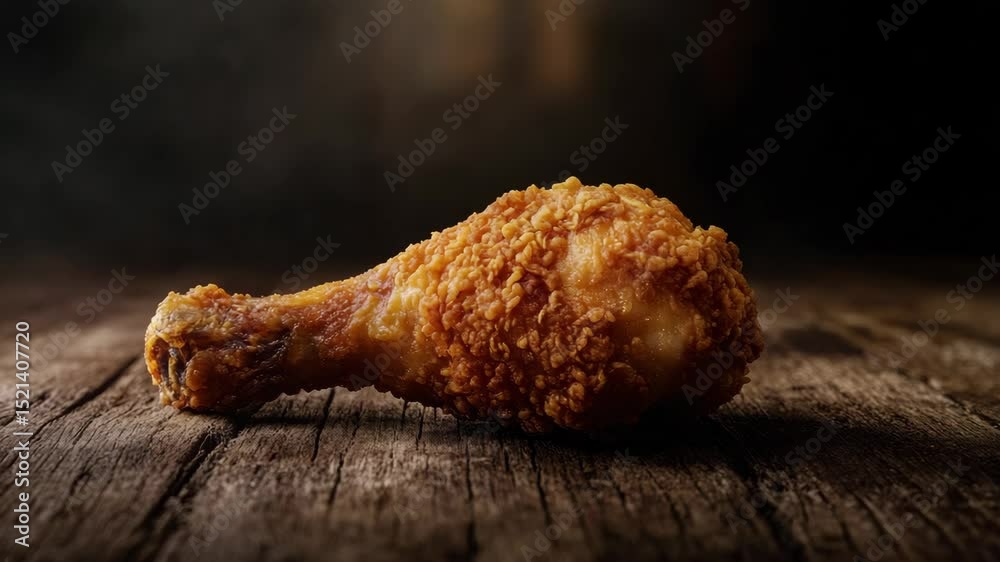 Crispy fried chicken drumstick on rustic wooden table in warm lighting