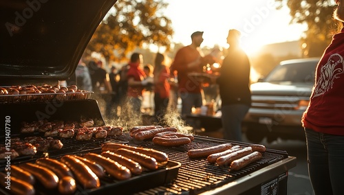 Tailgate Party BBQ Scene with Grills, Burgers, and Football Fans Celebrating Game Day at Sunset