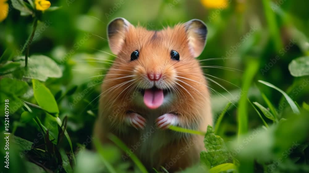 Cute hamster smiling happily among green leaves and flowers, 3d animation concept Cute hamster smiling happily among green leaves and flowers, 3d animation concept