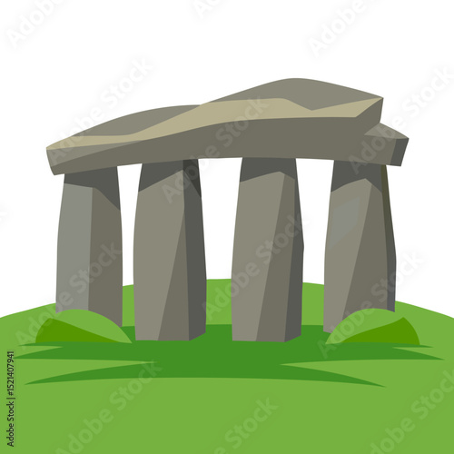 A stylized illustration of Stonehenge, the ancient stone monument, rendered in a low-poly geometric style with gray stone trilithons standing on green grass against a light background.