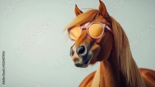 Stylish horse wearing pink sunglasses with a pastel background, humor concept