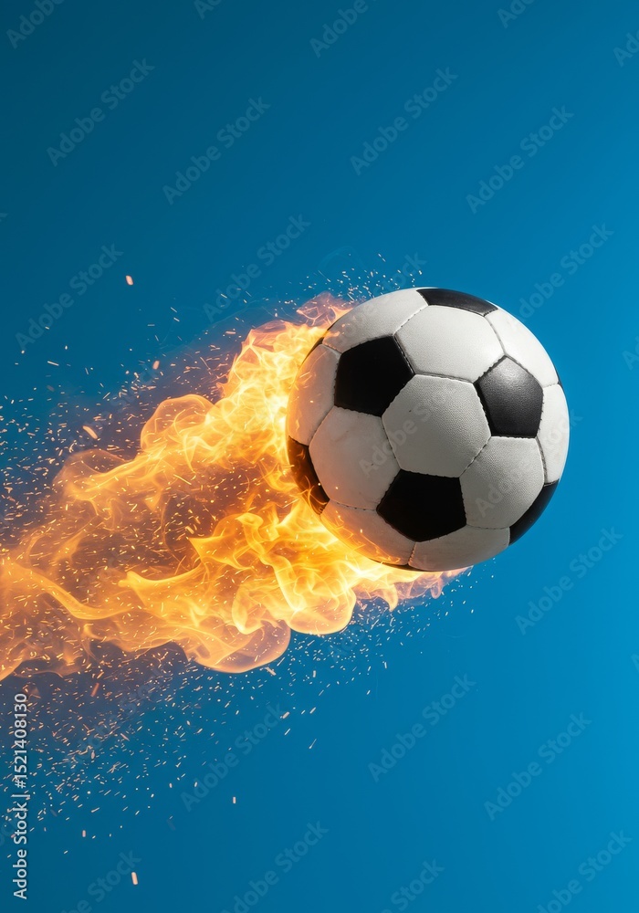 Naklejka premium Fiery Football Flight - A soccer ball ablaze, soaring through the air against a vibrant blue backdrop. Dynamic action shot