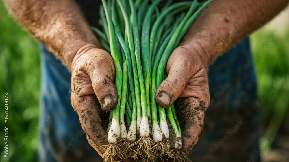 Farmer holding freshly picked green onions with dirt in a garden setting