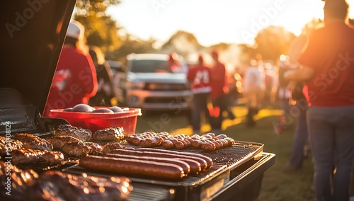 Tailgate Party BBQ Scene with Grills, Burgers, and Football Fans Celebrating Game Day at Sunset
