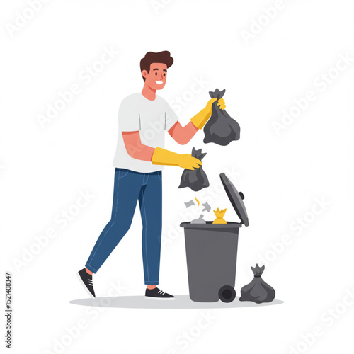 Young Man Throwing Away Trash Vector Illustration for House Cleaning