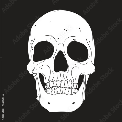  A dark-themed flat illustration of a creepy skull. Ideal for horror designs, Halloween visuals, posters, merchandise, and spooky themed artwork. High-quality vector design.