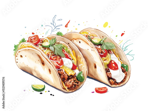 Mexican dish taco illustration in watercolor style to vector