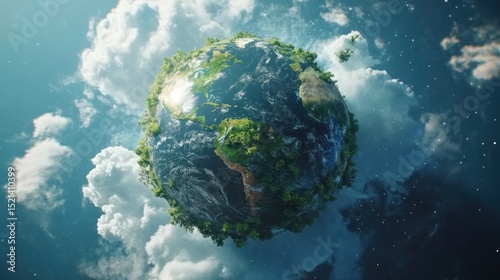 Earth surrounded by clouds and stars.