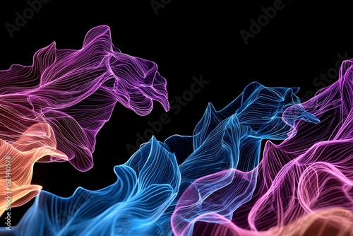 Abstract neon shapes with glowing edges and dynamic forms.