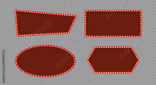 Realistic marquee sign box set isolated on transparent background, light board in retro vintage style for circus, casino, karaoke bar, open mic. Red neon cinema marquuee frame with glow gold lights.