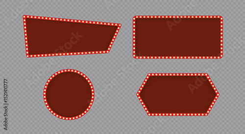 Realistic marquee sign box set isolated on transparent background, light board in retro vintage style for circus, casino, karaoke bar, open mic. Red neon cinema marquuee frame with glow gold lights.