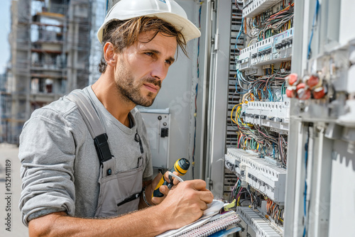 Worker lays electrical wiring in a new building wires, drill, tools