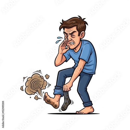 Man Removing Stinky Sock Holding Nose Vector Illustration on White Background