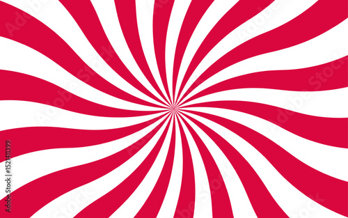 Abstract vivid, radial spiral burst pattern with red and white curved rays. Dynamic and symmetrical, using bold movement and energy. Retro, psychedelic feel reminiscent of vintage pop art.