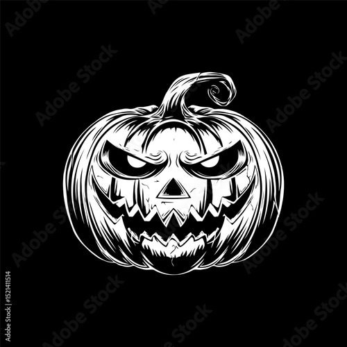 Creepy carved Halloween pumpkin with angry expression in hand-drawn graphic style on black background, concept of spooky seasonal horror design