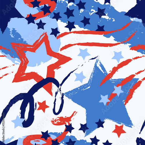 Abstract hand drawn seamless pattern with stars and stripes. Vector chalk crayon USA flag holiday red blue background